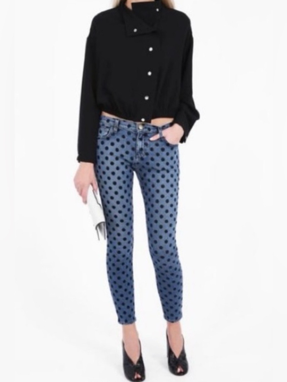 Current/Elliot The Stiletto Flocked Dot Crop Ankle Jeans Black Polka Dot Size 27